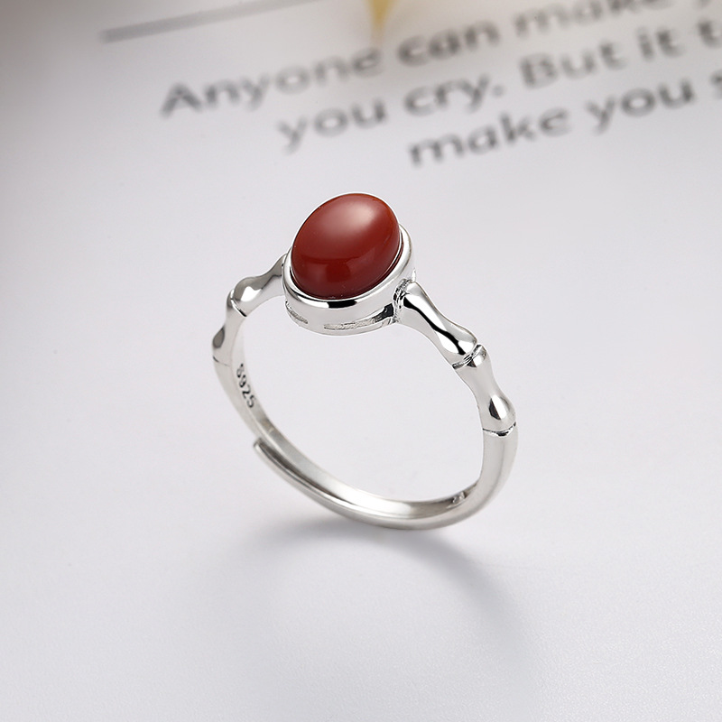 YES S925纯银复古做旧民族风椭圆南红个性设计清新时尚气质戒指