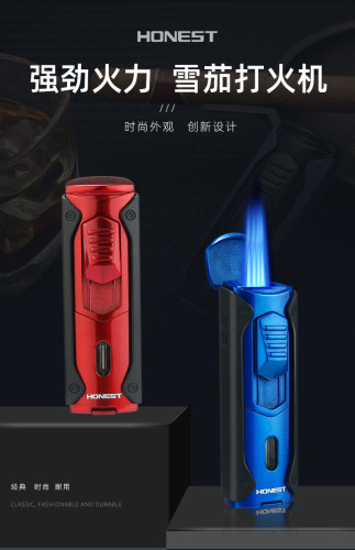 HONEST 四火苗直冲雪茄专用气体打火机圆柱型带可视窗雪茄打孔器