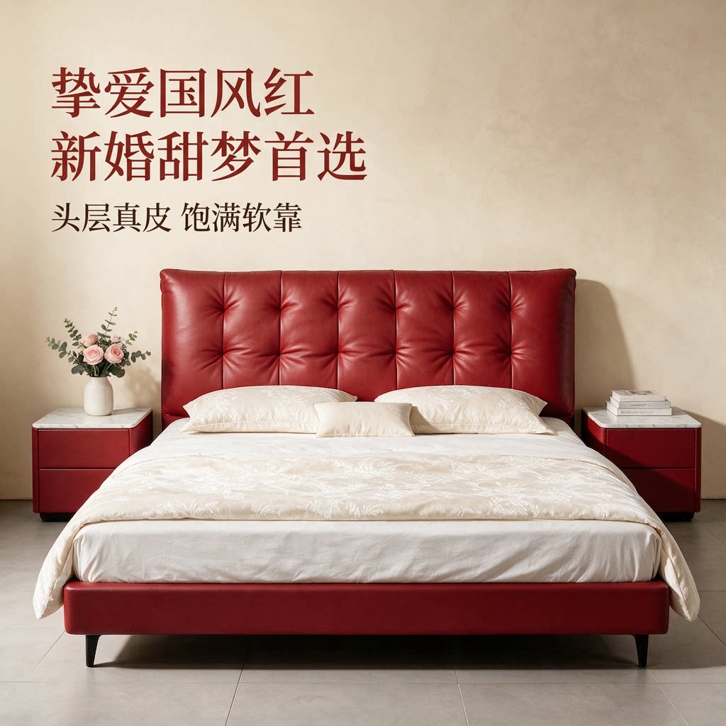 高端进口牛皮羽绒软包双人婚床