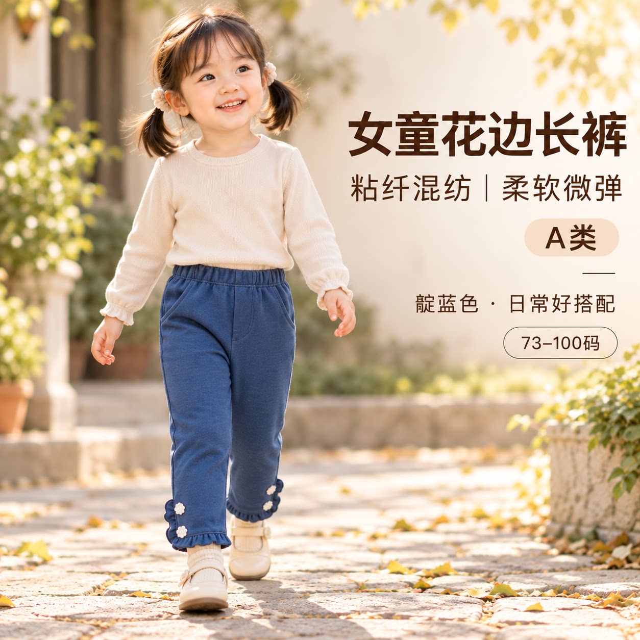 好孩子女童仿牛仔长裤春秋款女宝弹性舒适柔软甜美花边裤脚休闲裤