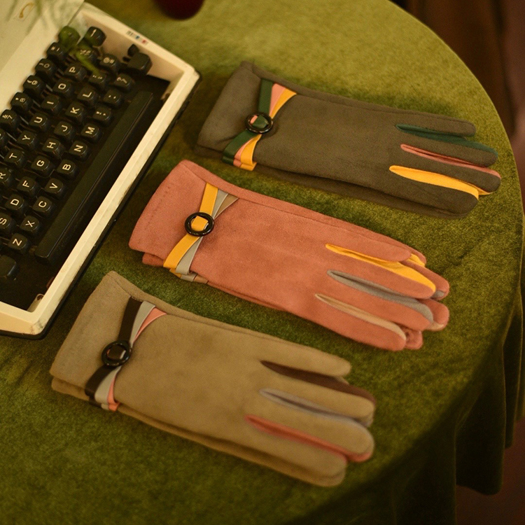 shimmy shimmy复古秋冬玩味三色拼色麂皮绒触屏手套