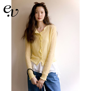 温柔奶油波浪边镂空毛衣开衫 羊驼毛绵羊毛混纺 Vintage Even