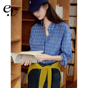 衬衫 Even 精致蓝格撞色刺绣短款 天然匹马棉 Vintage