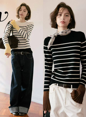 Even Vintage | 100%美利奴羊毛 黑白经典条纹撞色袖口针织上衣