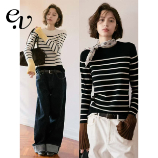 条纹撞色袖 Even 黑白经典 100%美利奴羊毛 口针织上衣 Vintage