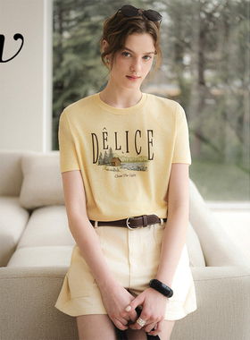 Even Vintage | 天丝亚麻混纺 圆领复古字母印花淡黄色短袖T恤