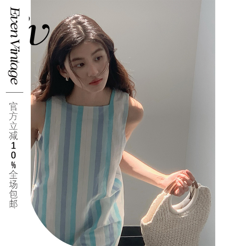 Even Vintage|清新一夏 棉麻混纺法式方领松弛感无袖条纹连衣裙女