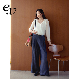 Even Vintage | 天丝亚麻混纺 高腰褶裥显瘦直筒百搭牛仔深色长裤