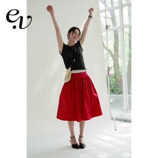 重磅叠褶复古宽松A字红色半身裙女春夏新品 100%棉 Vintage Even