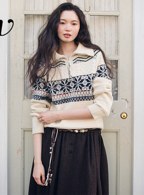 Even Vintage | 100%羊毛 复古POLO领费尔岛雪花半拉链重磅毛衣