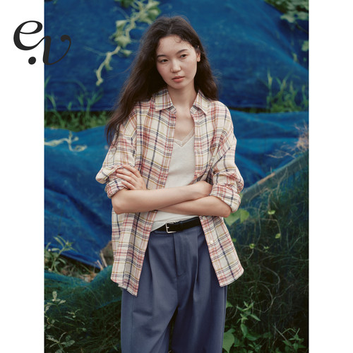 Even Vintage | 亚麻色织格纹 法式休闲翻领慵懒宽松长袖衬衫