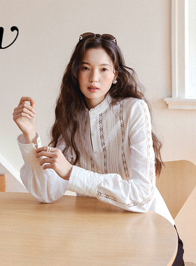 Even Vintage | 高比例棉混纺 设计感镂空蕾丝立领花边白色衬衫