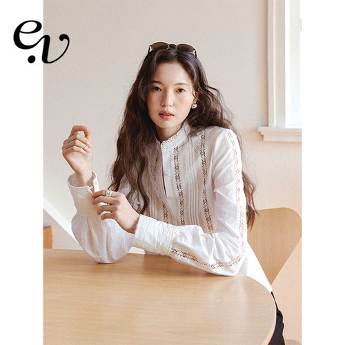 Even Vintage | 高比例棉混纺 设计感镂空蕾丝立领花边白色衬衫