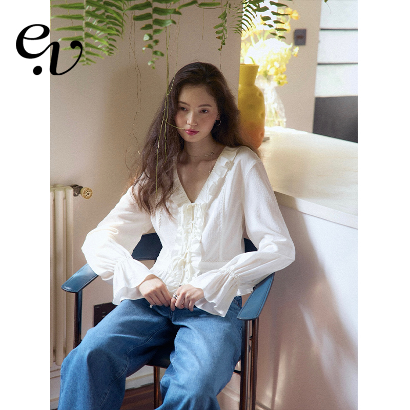 Even Vintage | 100%天丝 复古浪漫精致荷叶边抗皱易打理白色衬衫