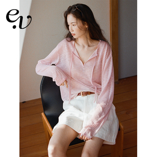 Even Vintage | 低饱和樱花粉 粉色条纹小V领微透宽松针织衫