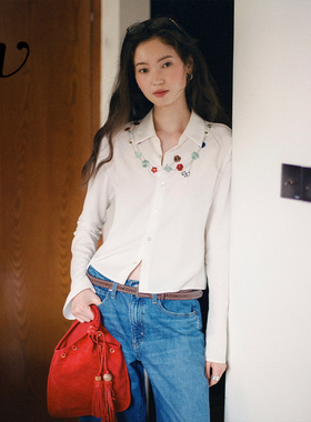 Even Vintage | 天丝亚麻 复古花卉项链刺绣修身短款亲肤透气衬衫