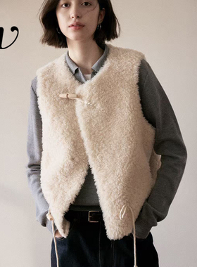 Even Vintage | 100%羊毛羊羔毛 短款宽松复古牛角扣马甲外套秋冬