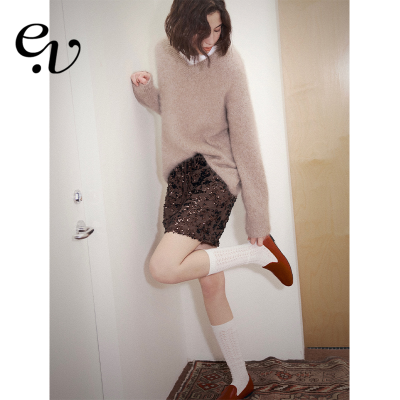 Even Vintage | 节日氛围感 复古A字版型棕色亮片半身裙高腰短裙