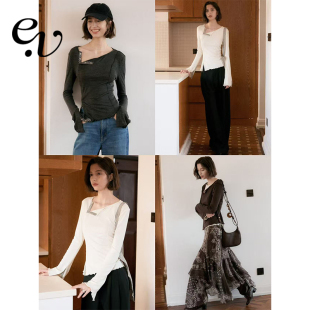 斜向多粒金属扣设计感打底T恤上衣 100%进口羊毛 Even Vintage