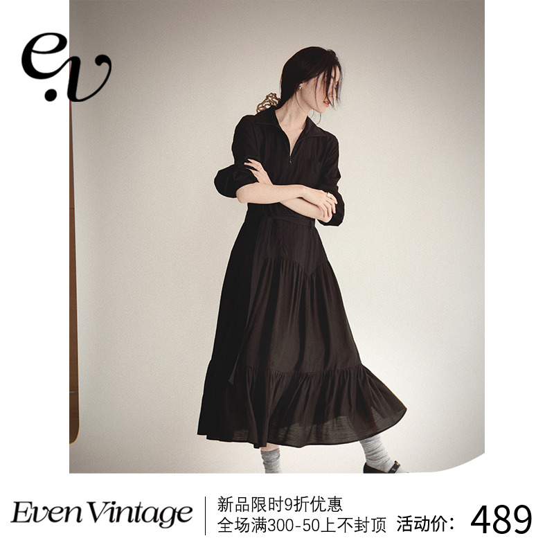 Even Vintage| 春意清冷感 优雅长袖碎褶蛋糕裙连衣裙气质小黑裙 女装/女士精品 连衣裙 原图主图