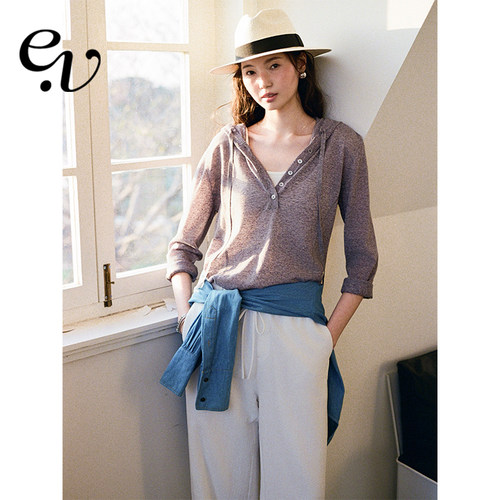 Even Vintage | 亚麻混纺 轻薄微透V领休闲慵懒连帽针织衫