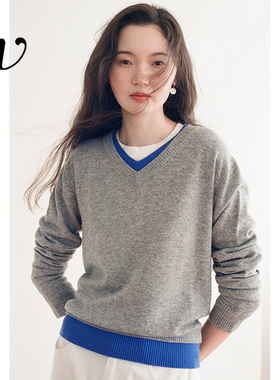 Even Vintage | 100%羊毛 撞色v领假两件落肩版型针织上衣
