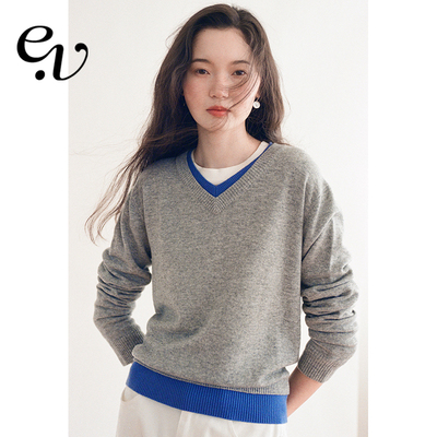 Even Vintage | 100%羊毛 撞色v领假两件落肩版型针织上衣