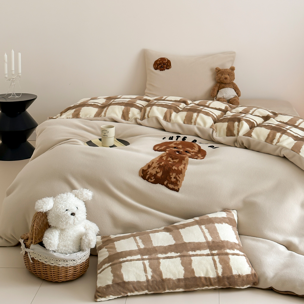 ins比熊仿羊毛绒儿童卡通床品牛奶绒秋冬季加厚保暖床单笠四件套