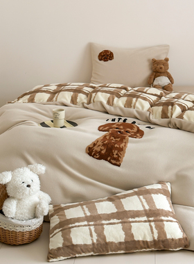 ins比熊仿羊毛绒儿童卡通床品牛奶绒秋冬季加厚保暖床单笠四件套