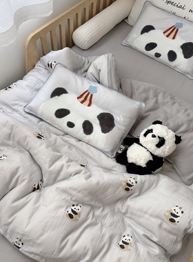 木马熊猫ins全棉A类双层纱儿童床单三件套被套男孩幼儿园纯棉床品