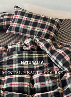 高级侘寂中古复古格子全棉A类双层纱床品纯棉被套床笠床上四件套