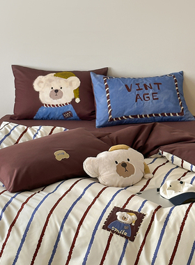 韩国ins安可拉熊100S全棉软磨毛长绒棉四件套儿童趣纯棉床品套件