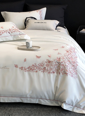 清雅自然鎏金粉晶精致刺绣100S全棉贡缎床品轻奢貌美长绒棉四件套