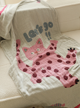 粉斑点猫A类有氧四层棉纱色织提花全棉纱布浴巾盖毯夏被空调毯子