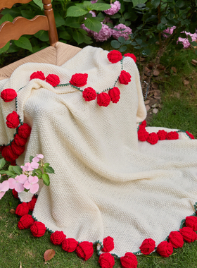 仙女的礼物手工玫瑰花朵A类针织毯子休闲盖毯办公室午睡沙发毯子