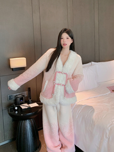 2025新款珊瑚绒睡衣女款冬季法兰绒国风渐变加绒加厚新中式家居服