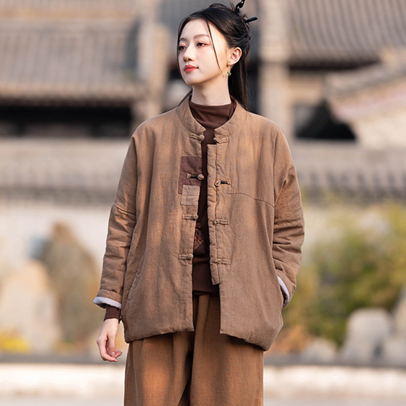 原创棉麻补丁棉衣女外套冬季复古改良国风立领盘扣夹棉短款棉袄