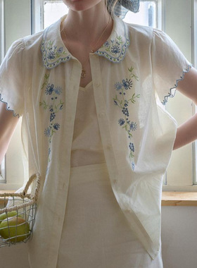 SimpleRetro铃兰花镜 精纺60支棉法式娃娃领彩色割边绣套装裙子