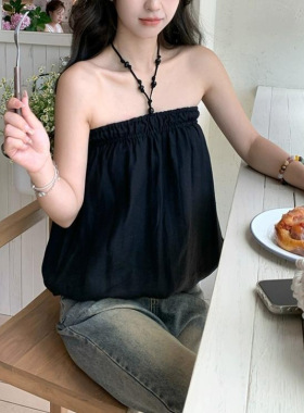 Adan 串珠挂脖上衣夏季新款韩系显瘦设计感甜美短款花苞吊带女