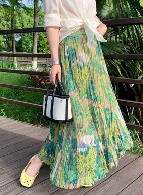 度假出游繁花意趣风半身裙碎花大摆裙女夏日 双插兜印花半身裙