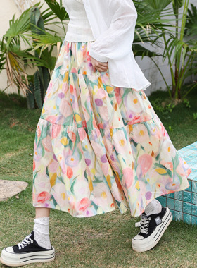 鸢素法式复古彩色油画印花半身裙女 春夏新款高腰碎花中长款a字裙