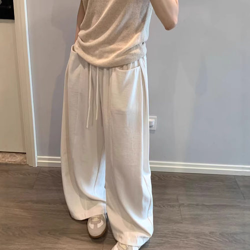 Awencoat 亚麻棉休闲裤女新款夏季松紧腰抽绳长款直筒弯刀裤