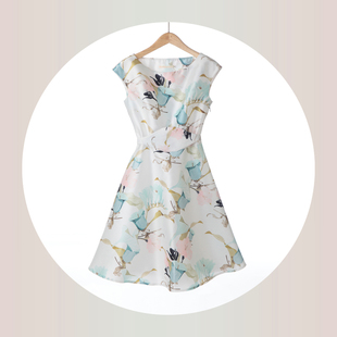 清爽印花包袖 写意淡雅缎面连衣裙 显瘦 万物生长 米个高定