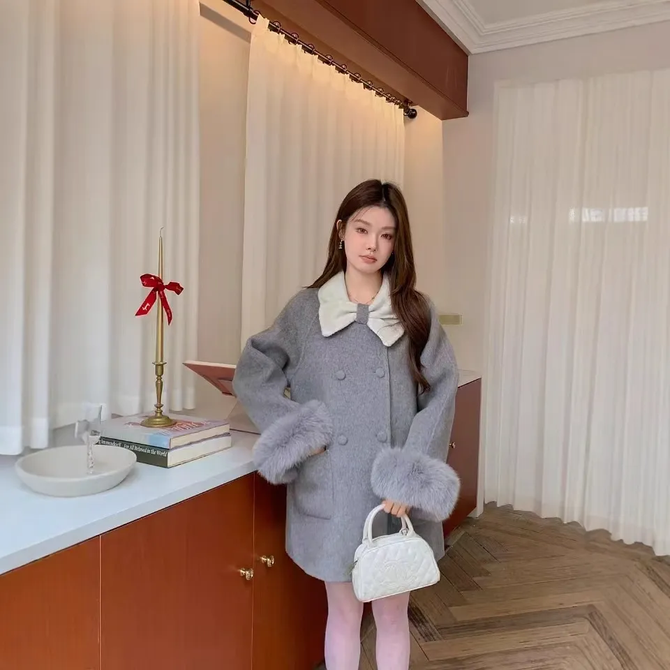 欧洲站新款双面羊毛大衣蝴蝶结中长款双面呢狐狸毛袖口毛呢外套女