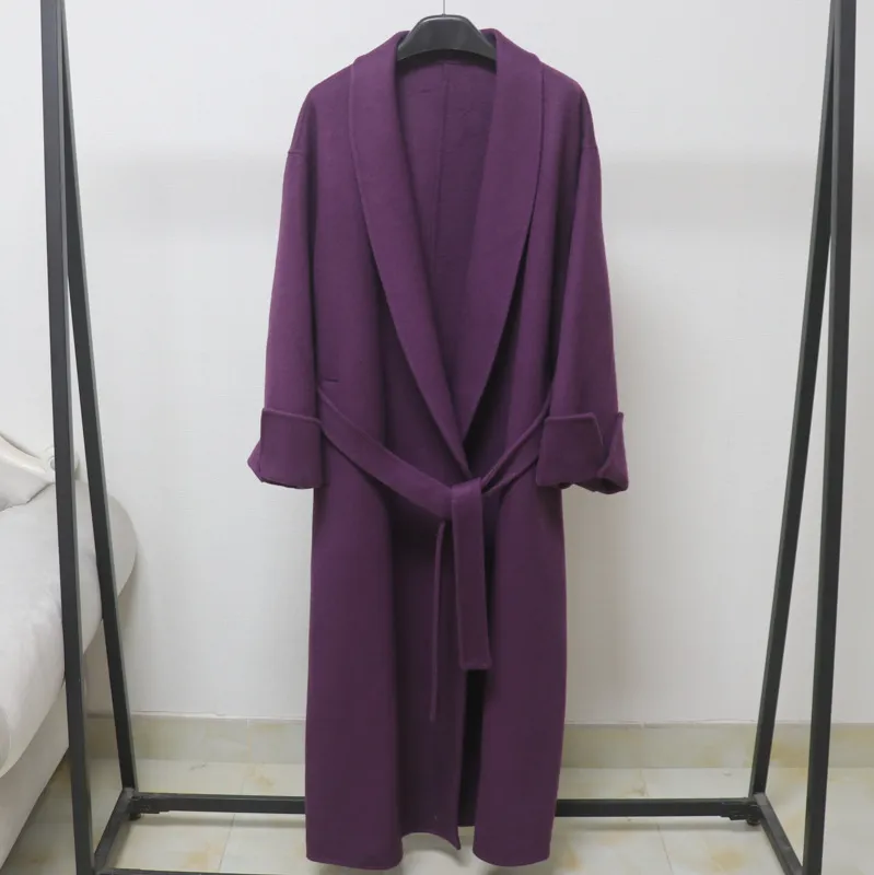 欧洲站羊毛双面呢浴袍系带中长款大衣女装秋冬韩中长款外套