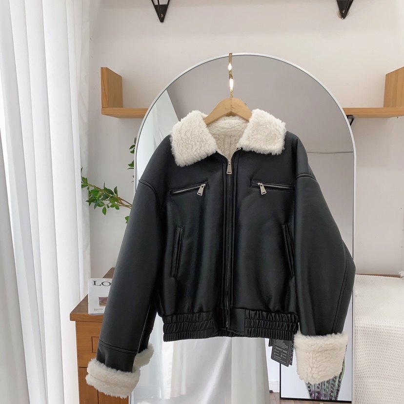 飞行夹克进口美利奴100羊羔毛剪绒皮一体外套皮毛大衣女皮草翻领