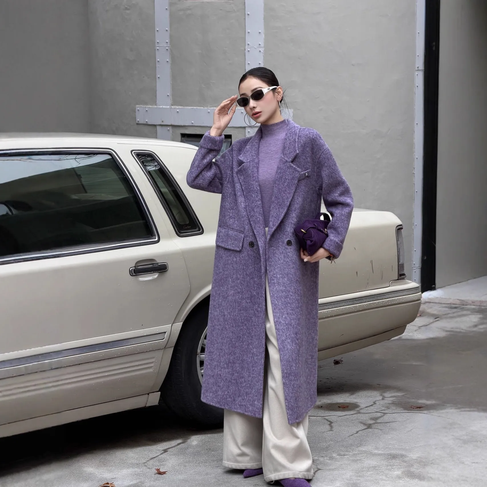 2025新款紫色双面羊毛呢外套英伦风格通勤宽松百搭高级秋冬外套