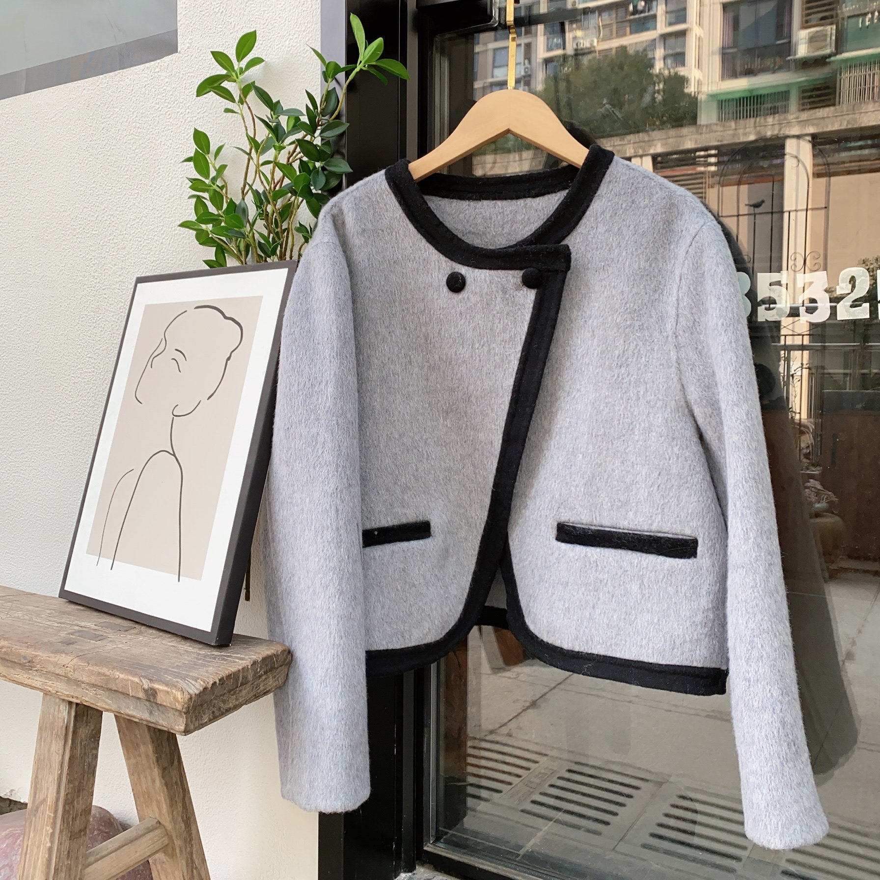 2024年东大门新款双面羊绒大衣小香风女外套短款羊毛拼色圆领韩版