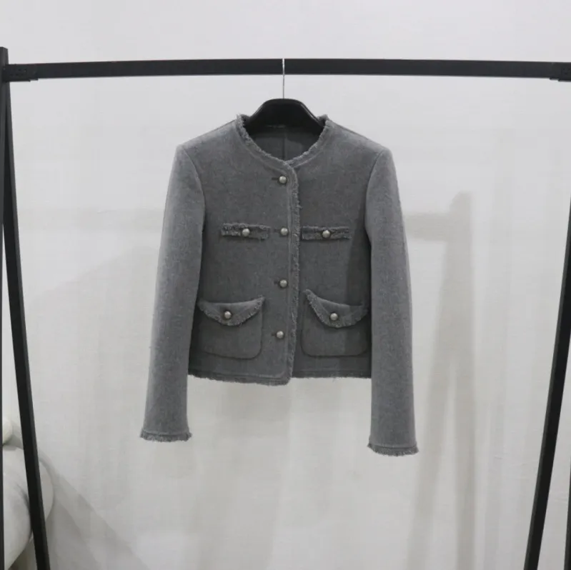 2025春秋季新品小香风双面羊毛大衣女短款小个子毛边法式毛呢外套