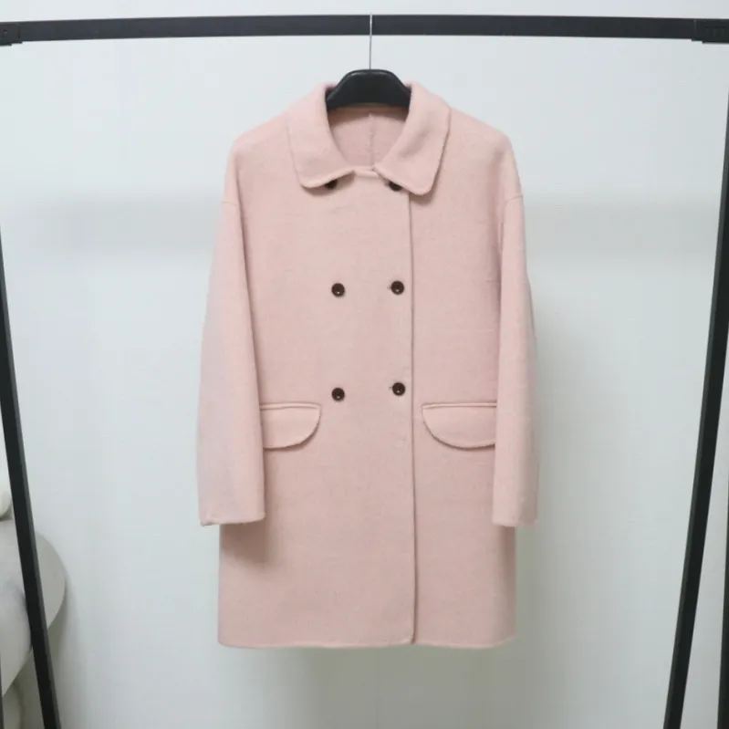 小个子羊毛外套2025秋冬新款双面羊毛大衣女中长款双排扣娃娃领女
